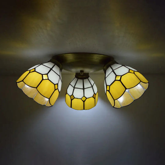 Tiffany Dome Stained Glass Ceiling Fixture With 3 Lights - Flush Mount Light In Colorful Hues