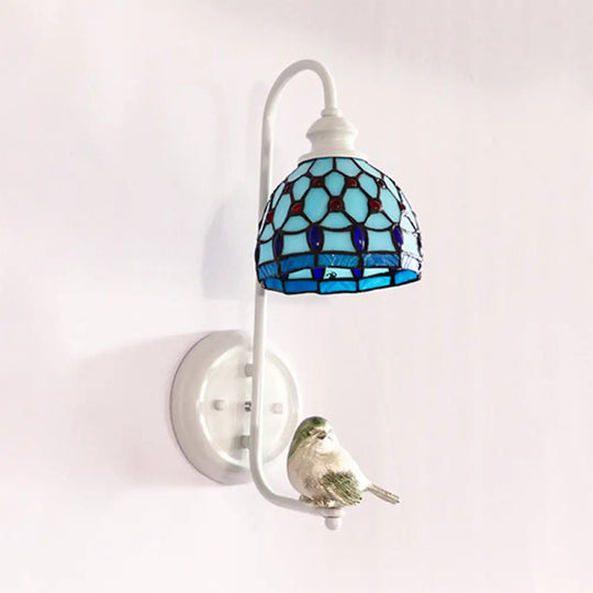 Tiffany Dome Stained Glass Wall Sconce With Square/Sunflower/Diamond Pattern - White / Diamond