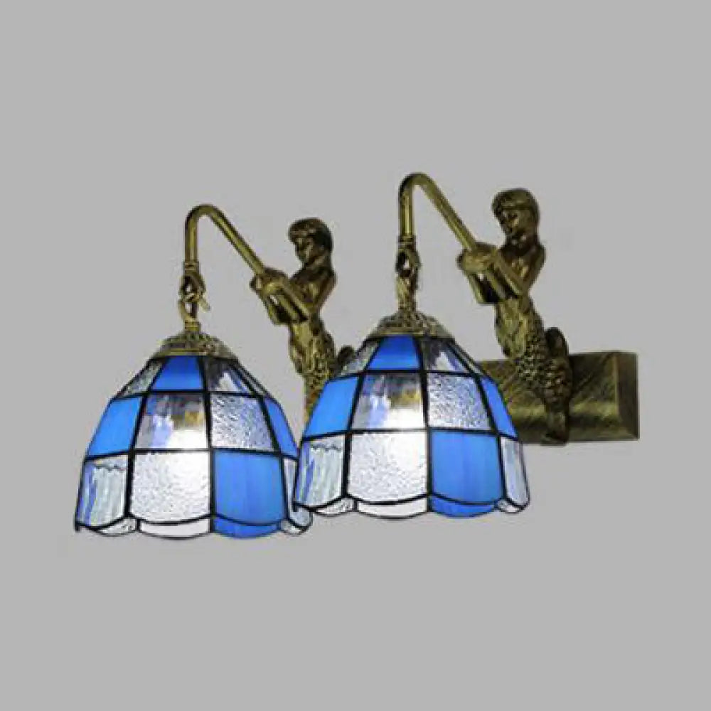 Tiffany Dome Vanity Sconce Light - 2 Head White/Blue Glass Wall Mount For Bathroom Blue