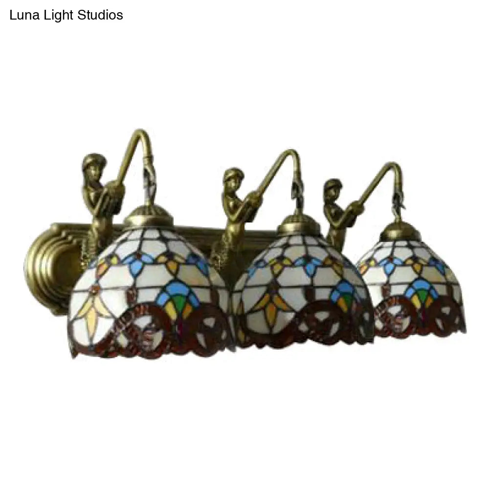 Tiffany Dome Wall Mount Light - 3-Head Sconce With Mermaid Backplate