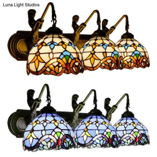 Tiffany Dome Wall Mount Light - 3-Head Sconce With Mermaid Backplate