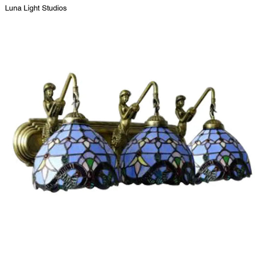 Tiffany Dome Wall Mount Light - 3-Head Sconce With Mermaid Backplate