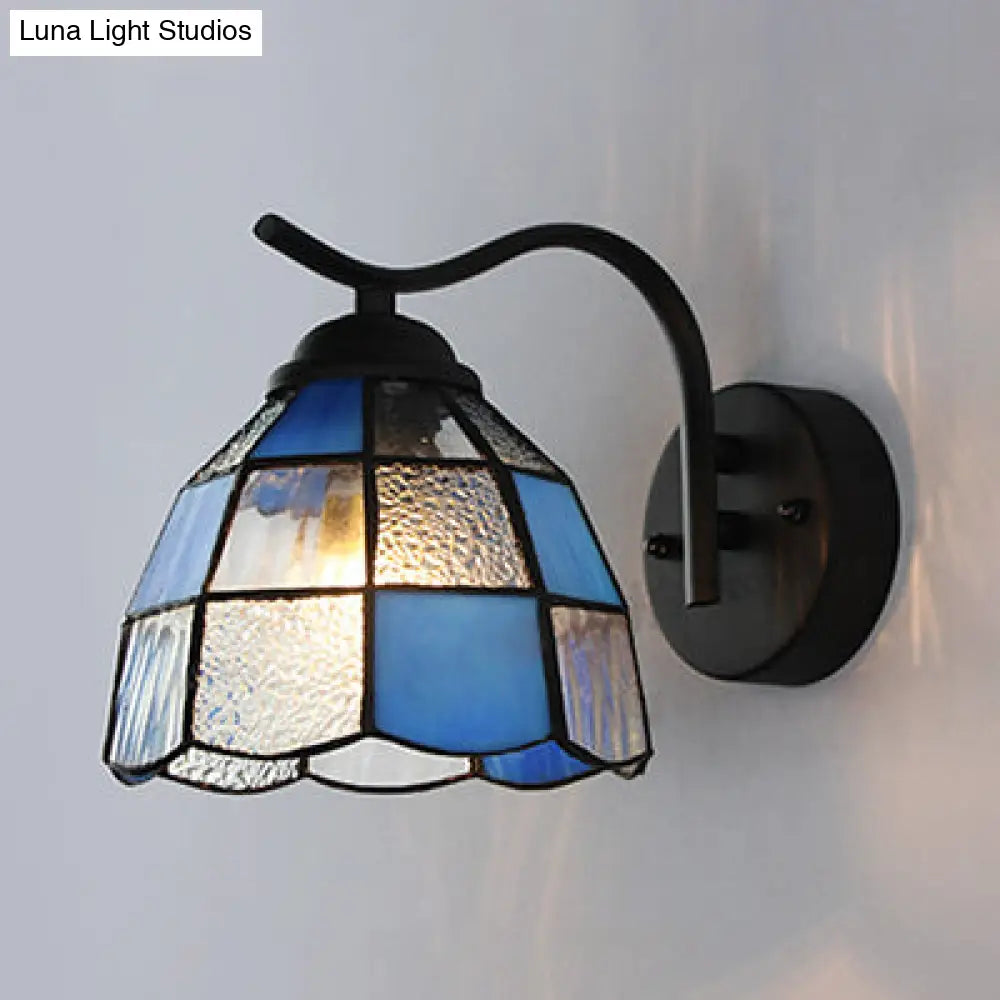 Tiffany Dome Wall Sconce Light Stained Glass 1-Light Bathroom Fixture In White/Blue