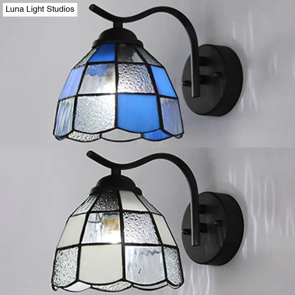 Tiffany Dome Wall Sconce Light Stained Glass 1-Light Bathroom Fixture In White/Blue