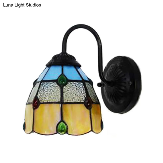 Tiffany Dome Wall Sconce Light With Agate Decoration - Yellow-Blue Glass Fixture