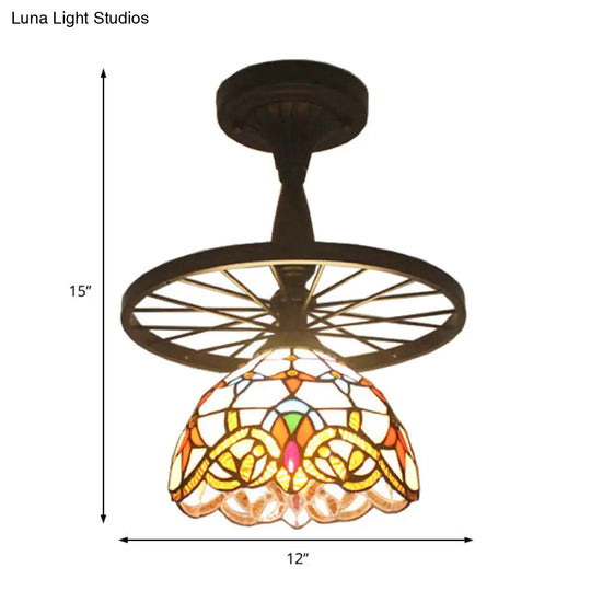 Tiffany Domed Semi Flush Mount Light: Wheel 1 Bulb Stained Glass Ceiling Light (Orange/Beige) For