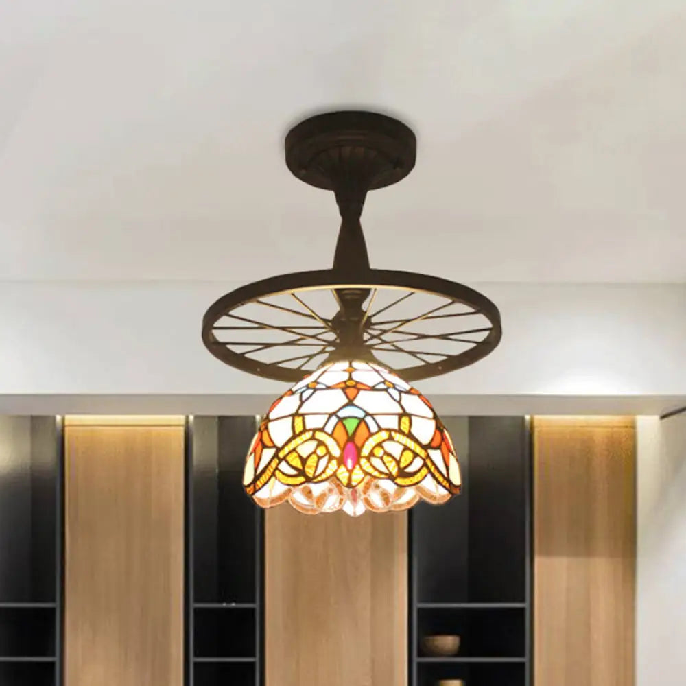 Tiffany Domed Semi Flush Mount Light: Wheel 1 Bulb Stained Glass Ceiling Light (Orange/Beige) For