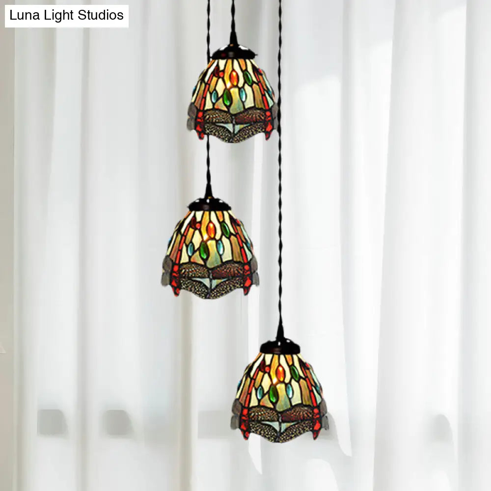 Tiffany Domed Stained Glass Ceiling Pendant Light With 3-Head Cluster Design In White/Red/Yellow