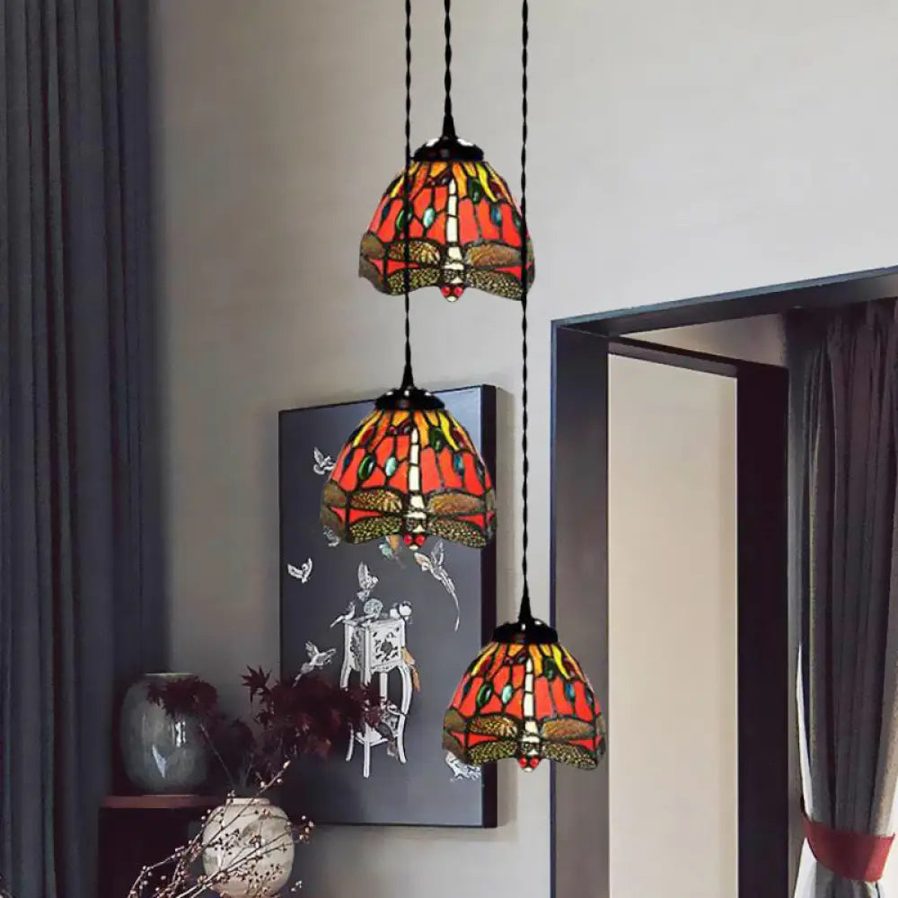 Tiffany Domed Stained Glass Ceiling Pendant Light With 3-Head Cluster Design In White/Red/Yellow