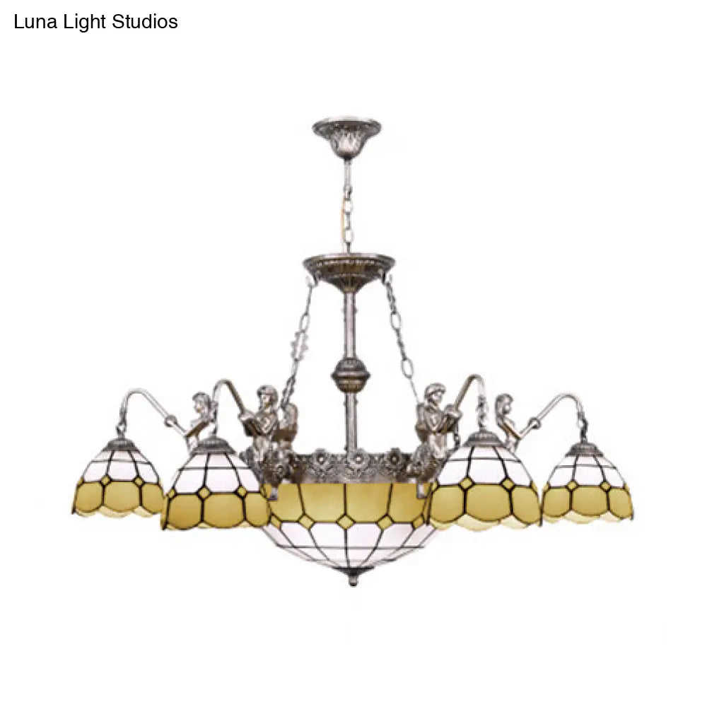 9-Light Tiffany Stained Glass Chandelier In Yellow For Dining Room Décor