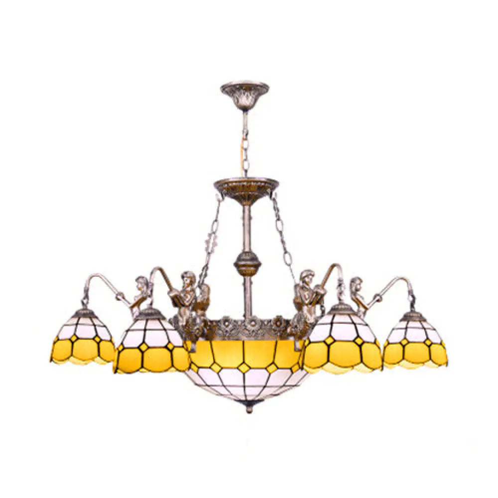 Tiffany Domed Stained Glass Chandelier Lamp - 9 Lights Pendant Lighting Yellow Dining Room