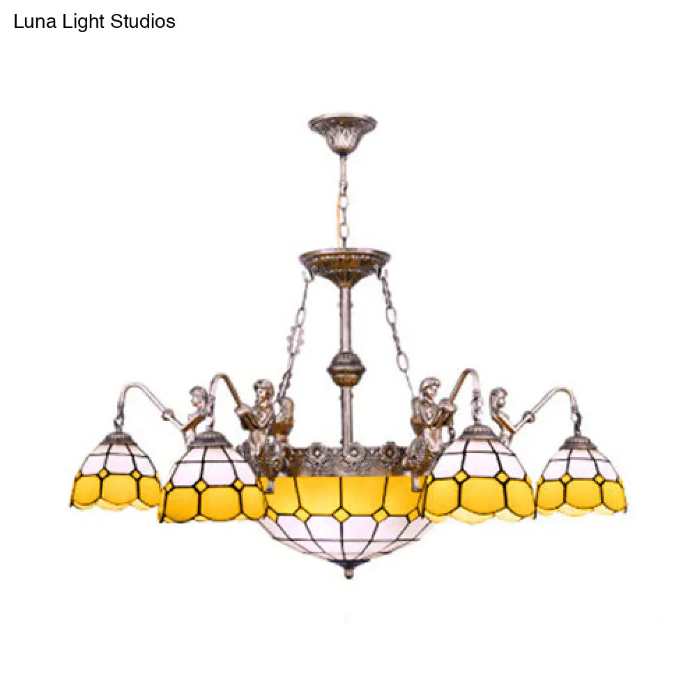 9-Light Tiffany Stained Glass Chandelier In Yellow For Dining Room Décor