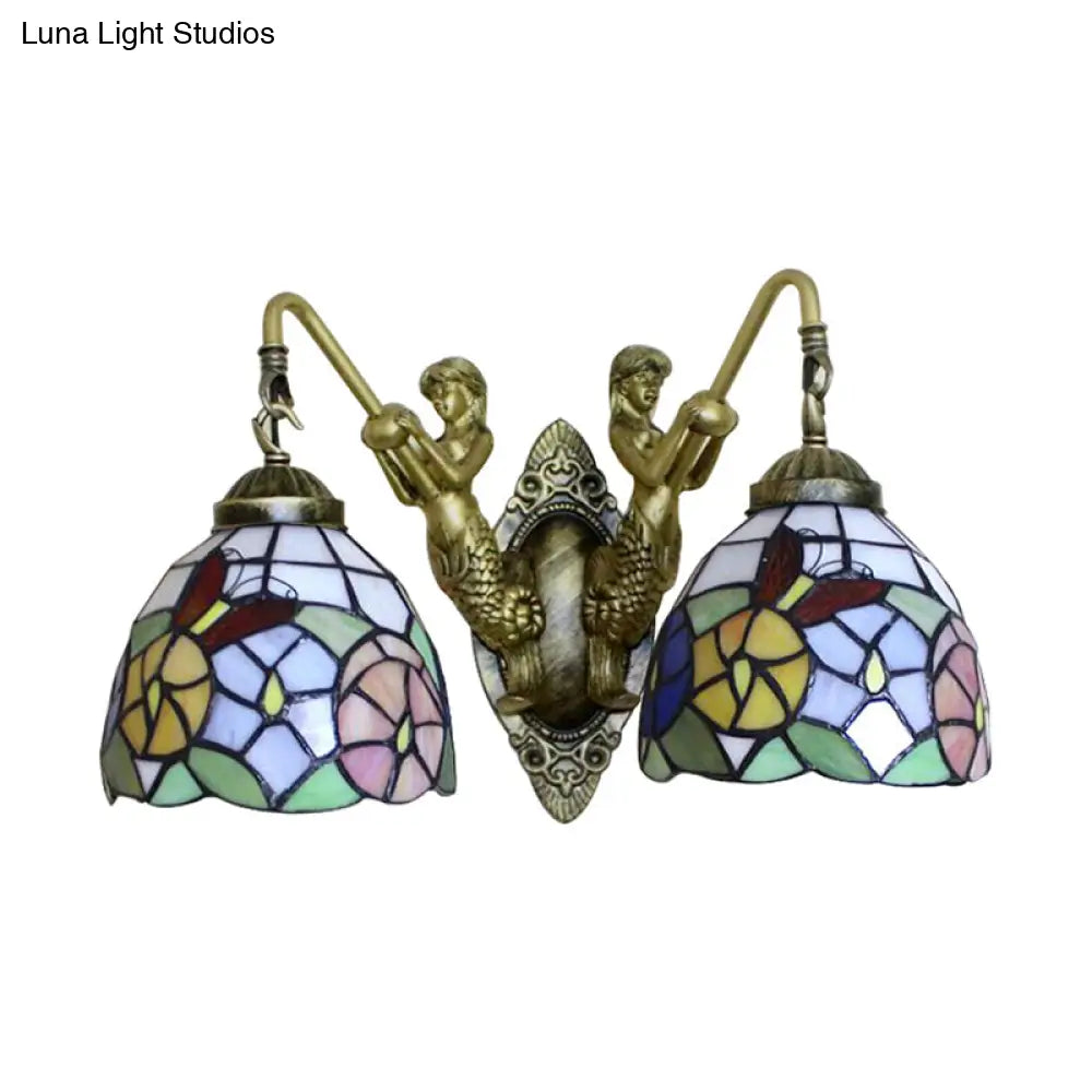 Tiffany Dragonfly/Butterfly Multicolor Glass Bowl Wall Mount Light - 2 Head Bronze Sconce