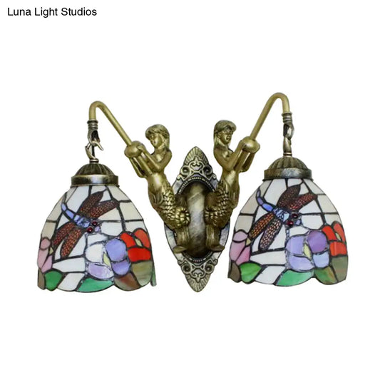 Tiffany Dragonfly/Butterfly Multicolor Glass Bowl Wall Mount Light - 2 Head Bronze Sconce