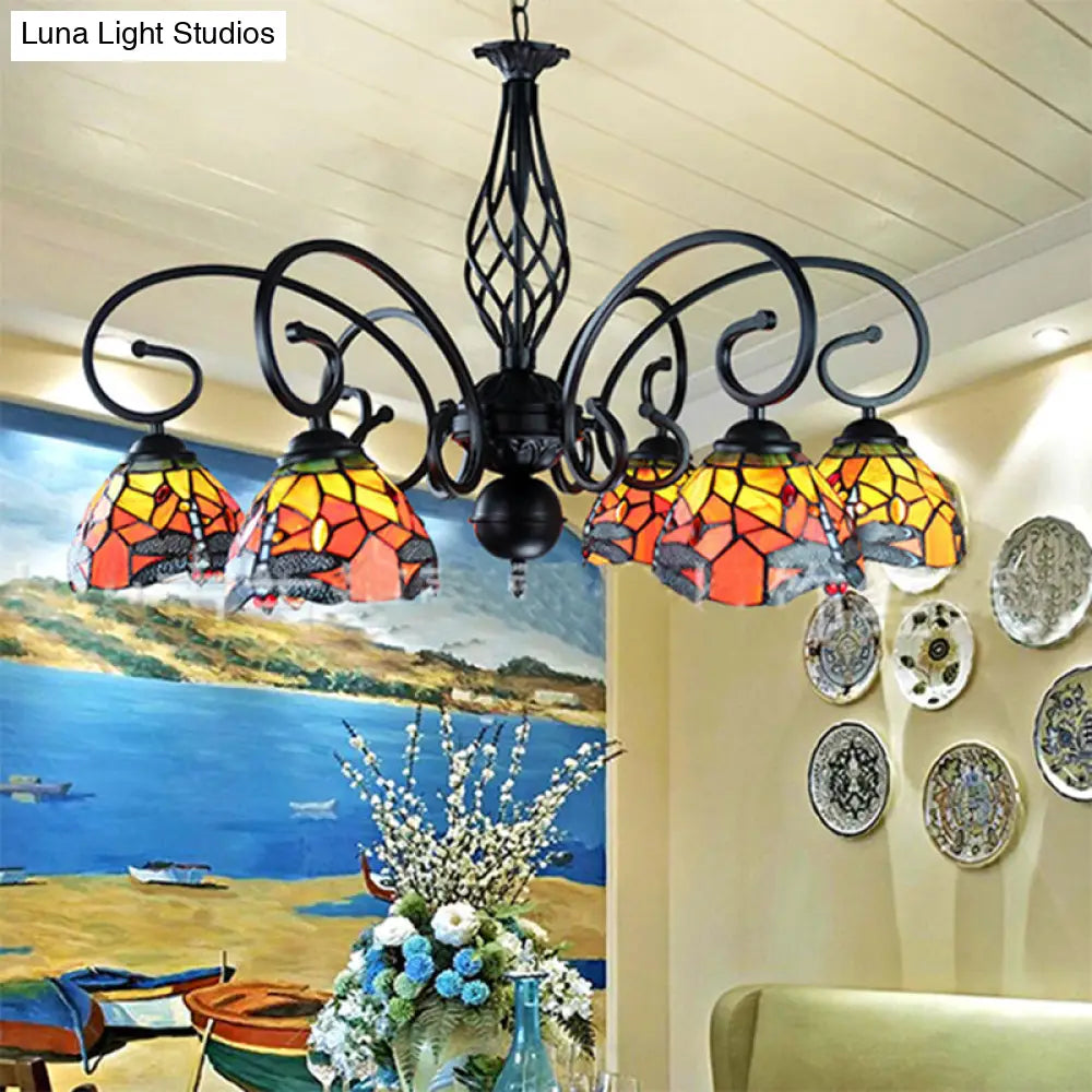 Tiffany Dragonfly Ceiling Chandelier With Curved Arm - Stained Glass Indoor Lighting (6/8 Heads)