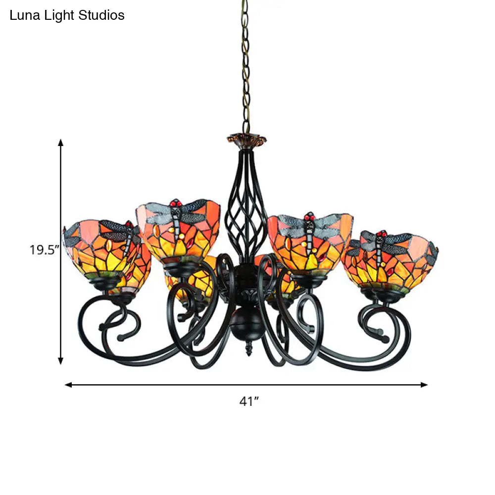 Tiffany Dragonfly Ceiling Chandelier With Curved Arm - Stained Glass Indoor Lighting (6/8 Heads)