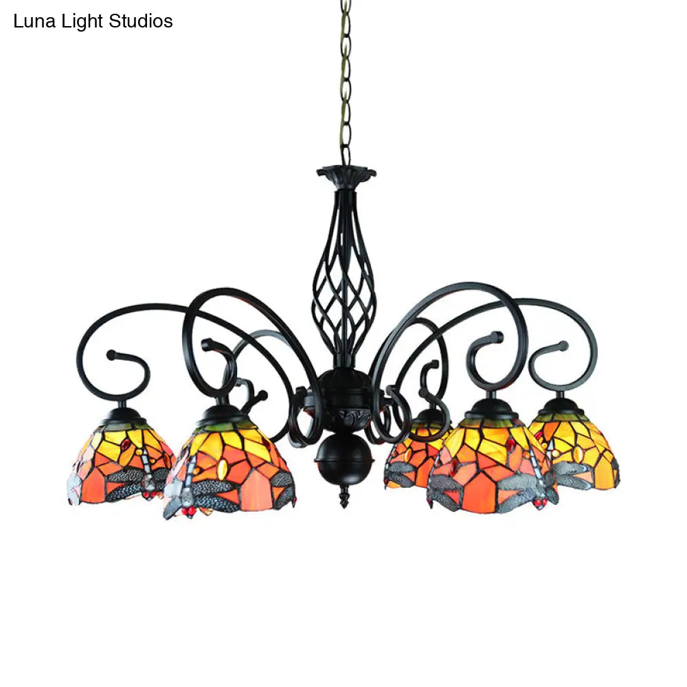 Tiffany Dragonfly Ceiling Chandelier With Curved Arm - Stained Glass Indoor Lighting (6/8 Heads)