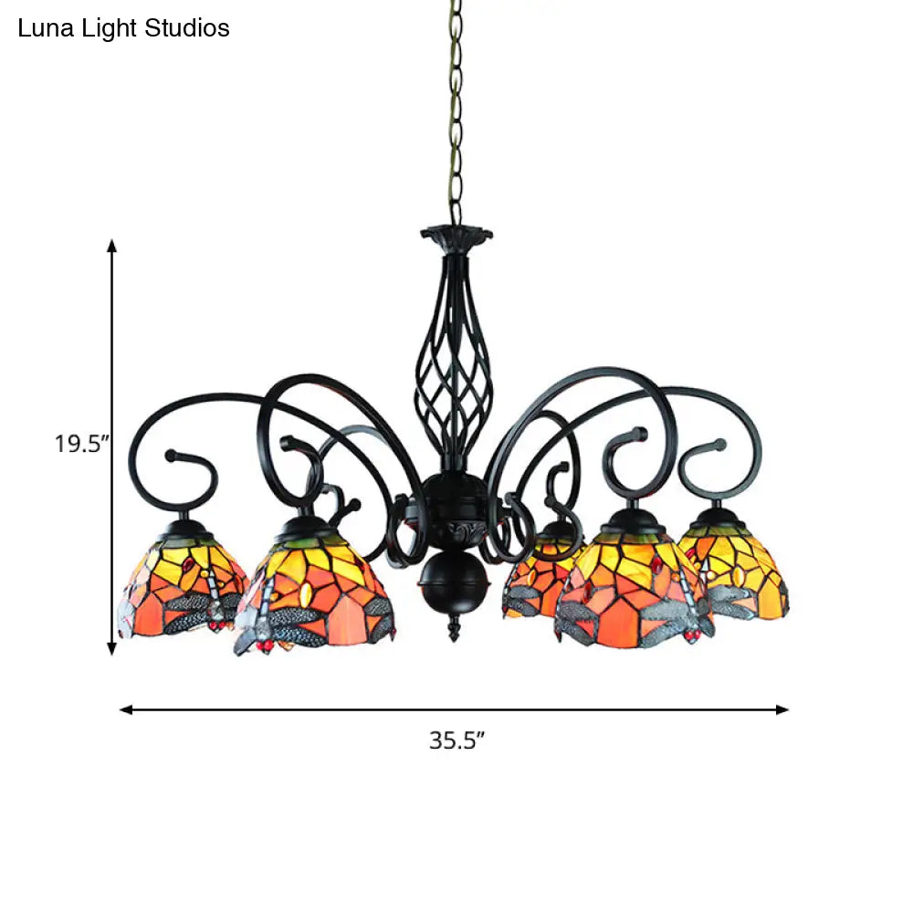 Tiffany Dragonfly Ceiling Chandelier With Curved Arm - Stained Glass Indoor Lighting (6/8 Heads)