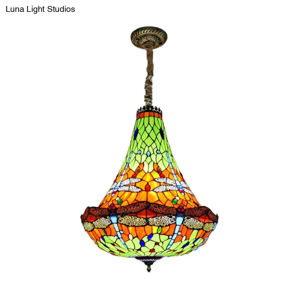 Tiffany Dragonfly Chandelier Light - 16’/19.5’ Wide Stained Glass 5 Lights Blue/Green Pendant