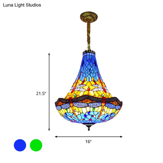 Tiffany Dragonfly Chandelier Light - 16’/19.5’ Wide Stained Glass 5 Lights Blue/Green Pendant