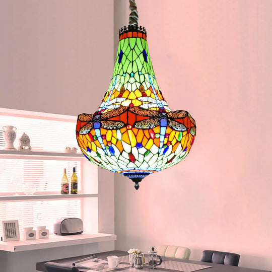 Tiffany Dragonfly Chandelier Light - 16’/19.5’ Wide Stained Glass 5 Lights Blue/Green Pendant