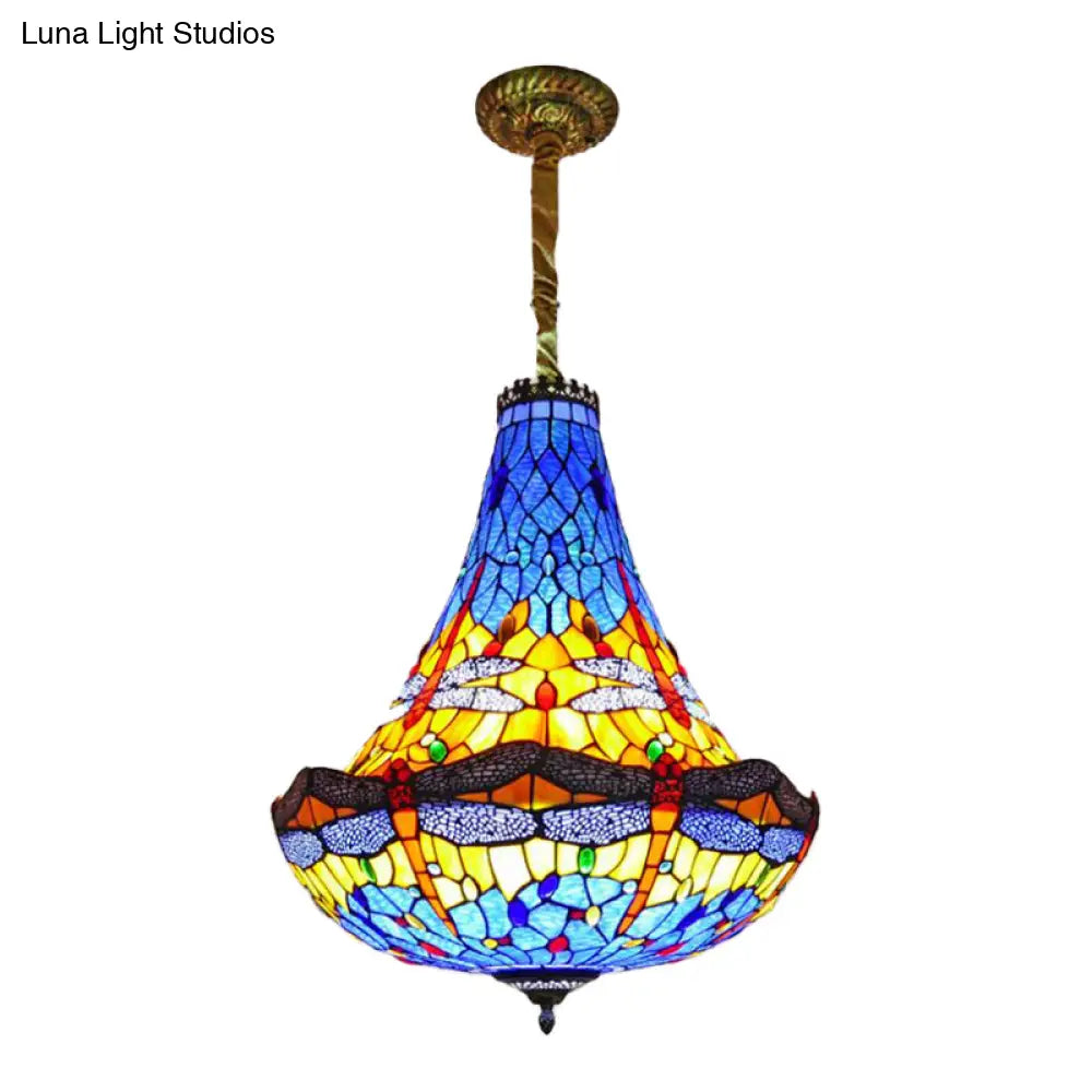 Tiffany Dragonfly Chandelier Light - 16’/19.5’ Wide Stained Glass 5 Lights Blue/Green Pendant