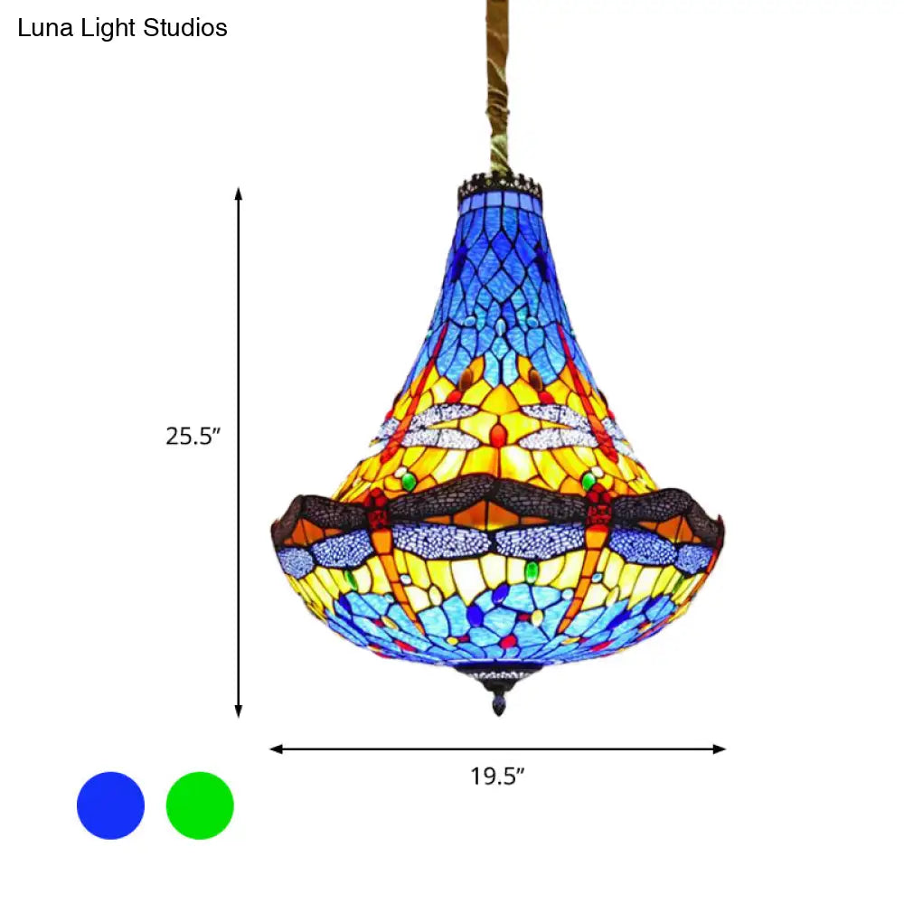 Tiffany Dragonfly Chandelier Light - 16’/19.5’ Wide Stained Glass 5 Lights Blue/Green Pendant