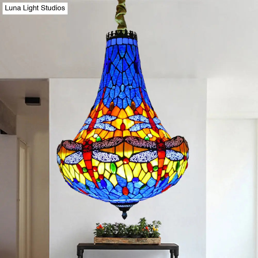 Tiffany Stained Glass Dragonfly Chandelier - 16/19.5 Wide 5 Lights Blue/Green Pendant Lighting For