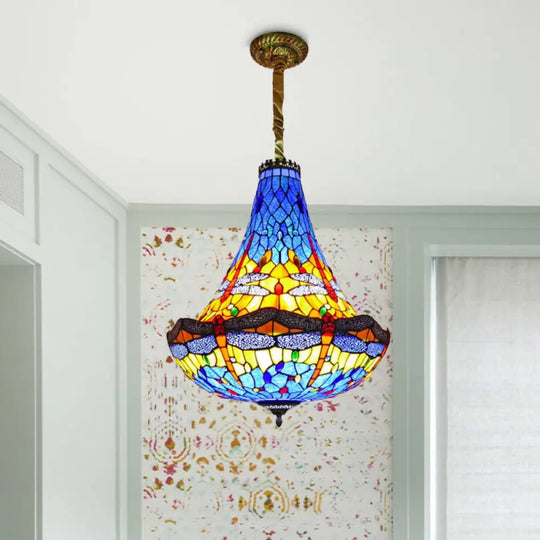 Tiffany Dragonfly Chandelier Light - 16’/19.5’ Wide Stained Glass 5 Lights Blue/Green Pendant