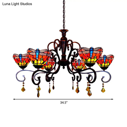 Tiffany Dragonfly Chandelier: 6-Light Stained Glass Pendant In Red