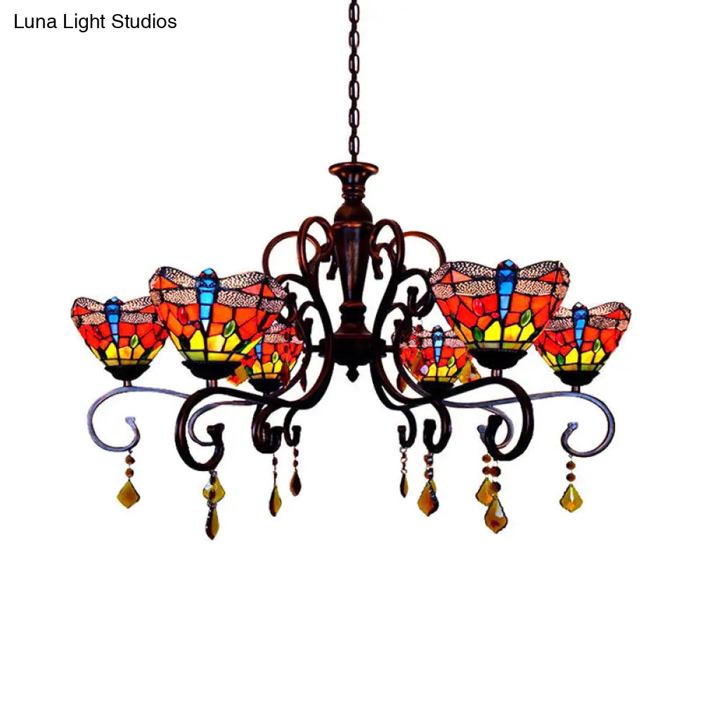 Tiffany Dragonfly Chandelier: 6-Light Stained Glass Pendant In Red