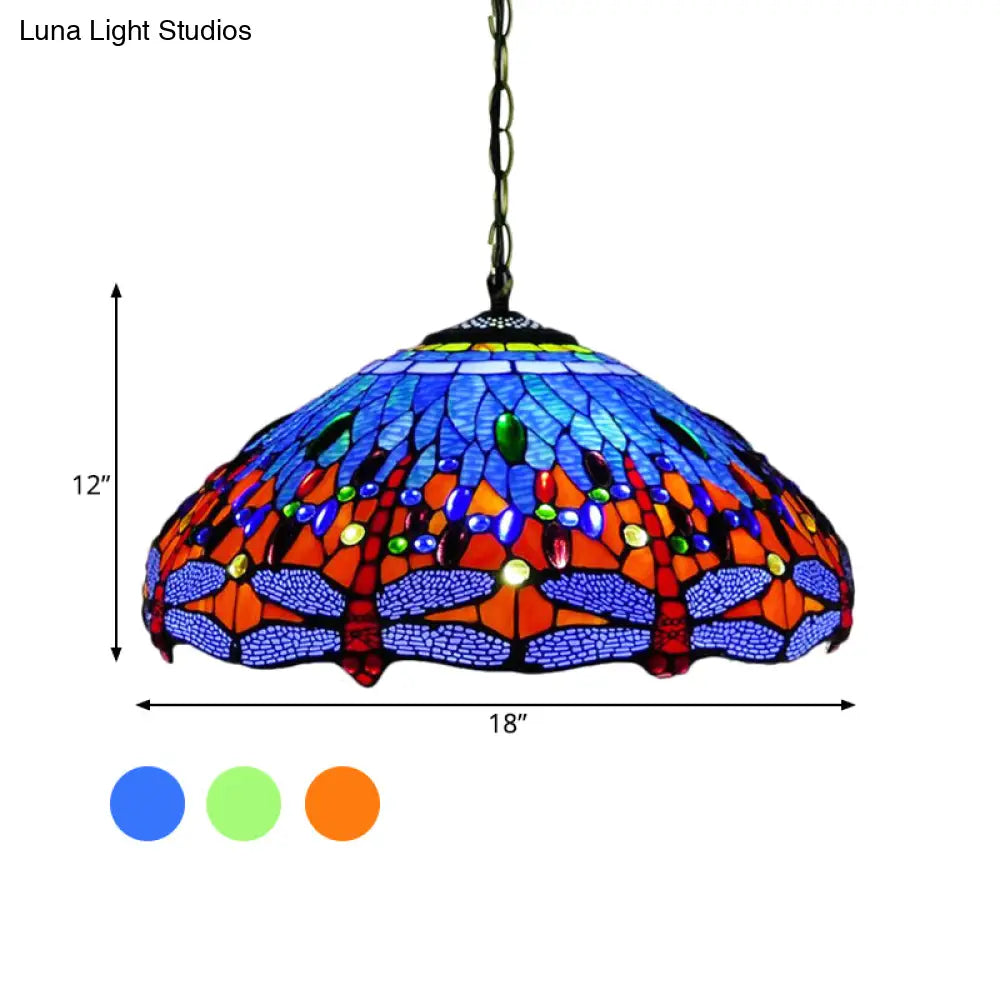 Tiffany Dragonfly Chandelier Light Fixture - 3-Light Orange/Blue/Green Cut Glass Hanging Lamp For