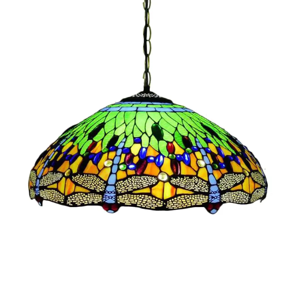 Tiffany Dragonfly Chandelier With 3 Lights: Orange/Blue/Green Cut Glass Hanging Lamp Kit For