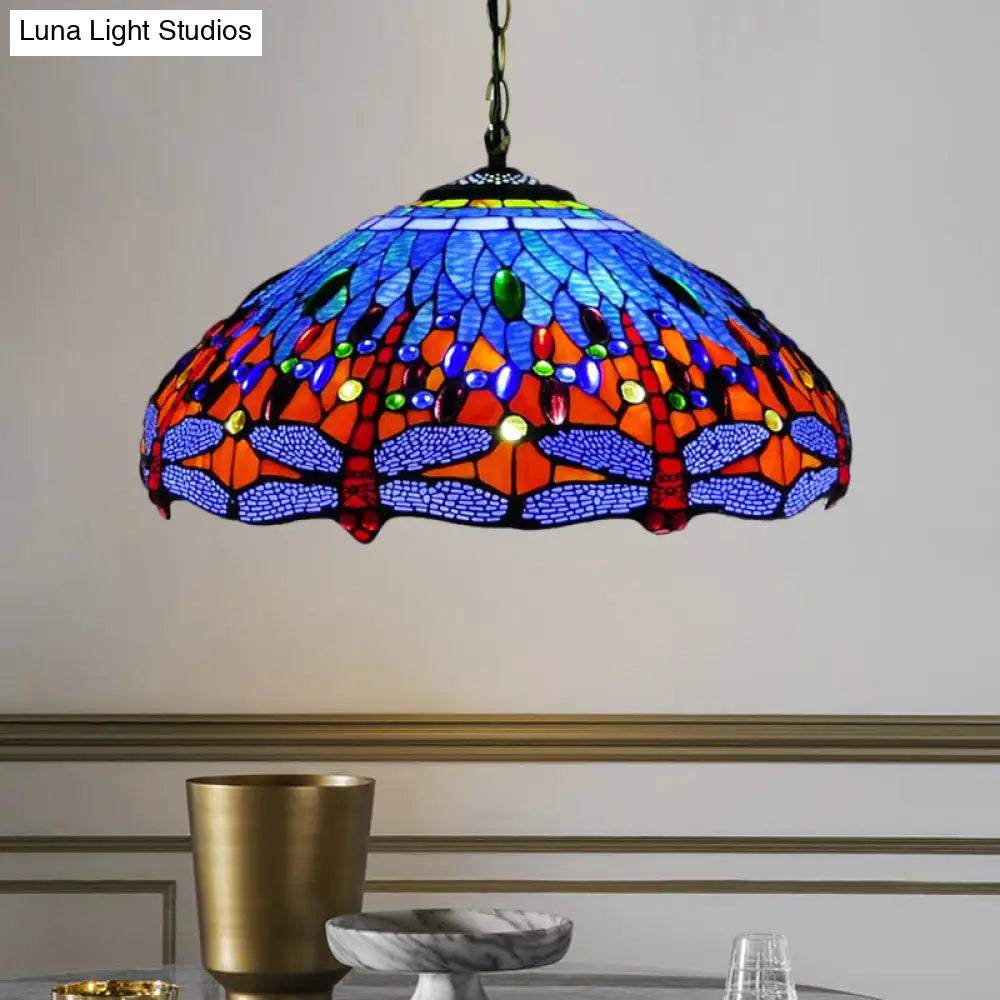 Tiffany Dragonfly Chandelier With 3 Lights: Orange/Blue/Green Cut Glass Hanging Lamp Kit For Kitchen