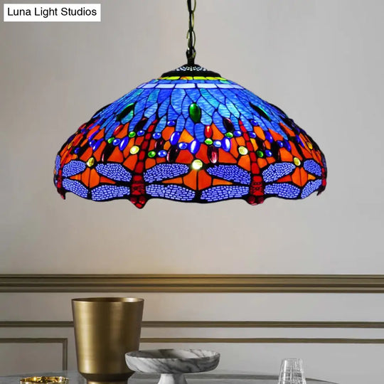 Tiffany Dragonfly Chandelier With 3 Lights: Orange/Blue/Green Cut Glass Hanging Lamp Kit For Kitchen