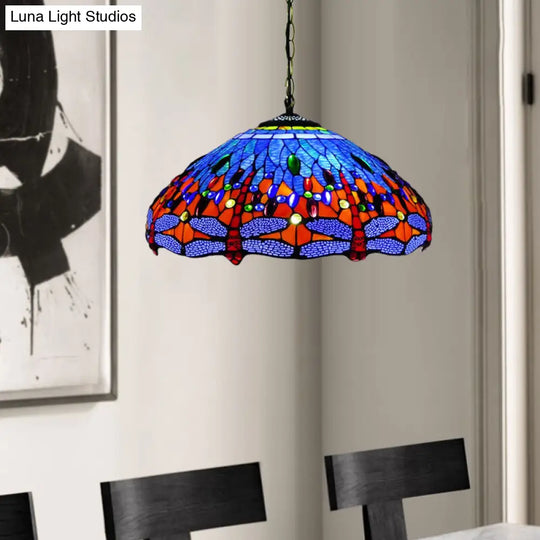 Tiffany Dragonfly Chandelier Light Fixture - 3-Light Orange/Blue/Green Cut Glass Hanging Lamp For