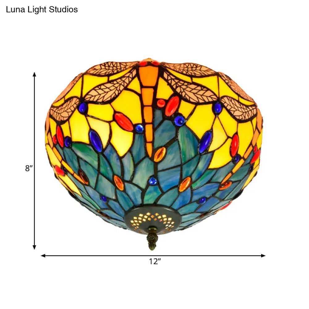 Tiffany Dragonfly Flush Mount - Handcrafted Stained Glass Ceiling Lamp With Brass Finish