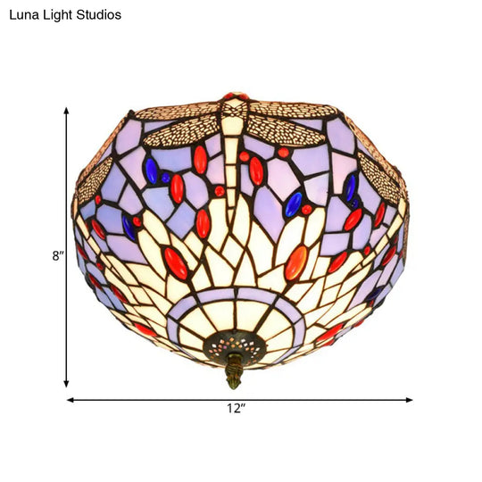 Tiffany Dragonfly Flush Mount - Handcrafted Stained Glass Ceiling Lamp With Brass Finish