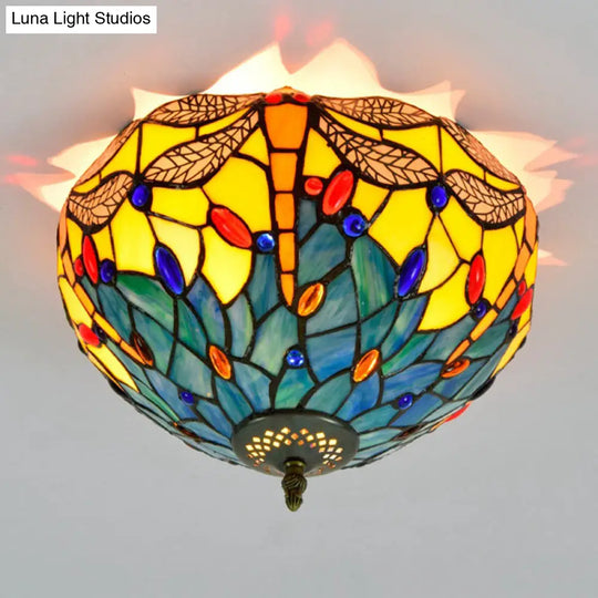 Tiffany Dragonfly Flush Mount - Handcrafted Stained Glass Ceiling Lamp With Brass Finish