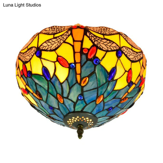 Tiffany Dragonfly Flush Mount - Handcrafted Stained Glass Ceiling Lamp With Brass Finish