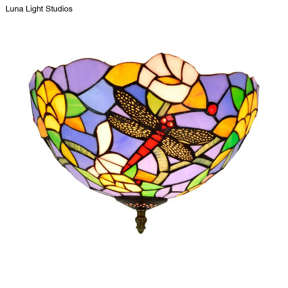 Tiffany Dragonfly Flush Mount - Handcrafted Stained Glass Ceiling Lamp With Brass Finish