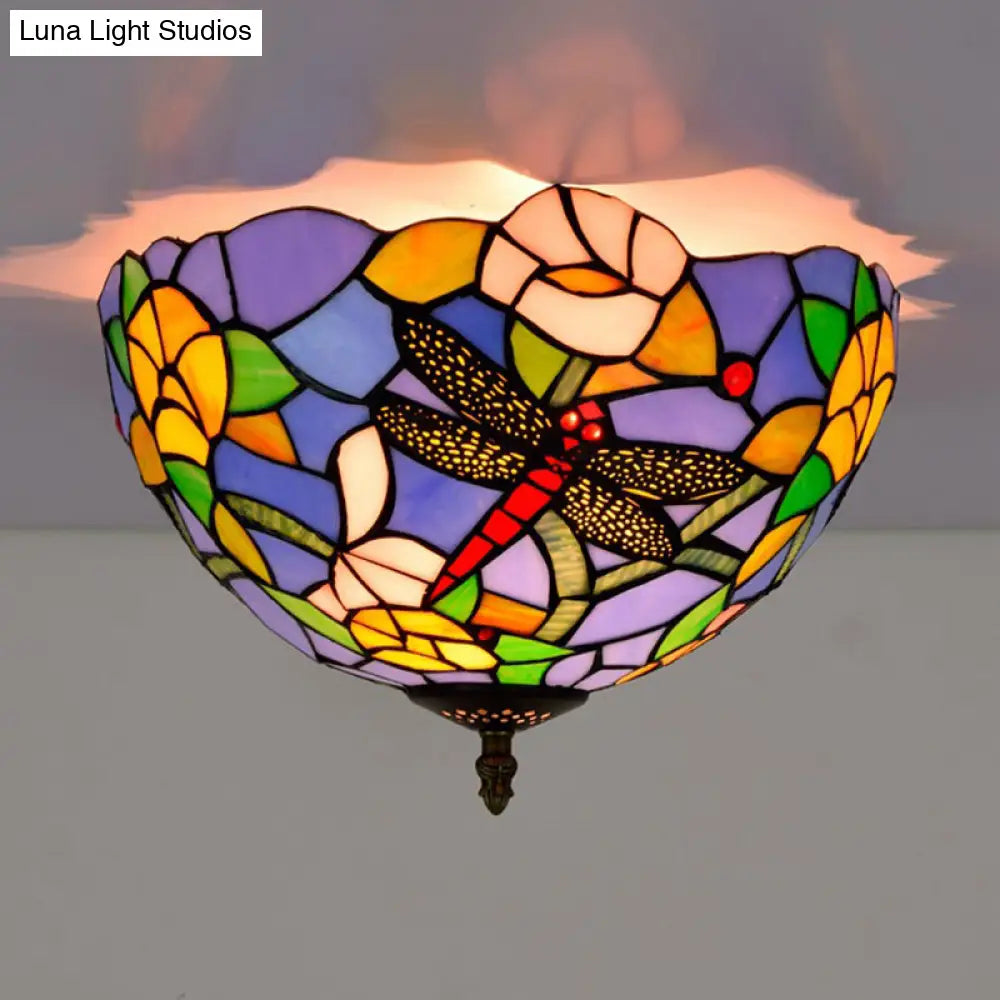 Tiffany Dragonfly Flush Mount - Handcrafted Stained Glass Ceiling Lamp With Brass Finish