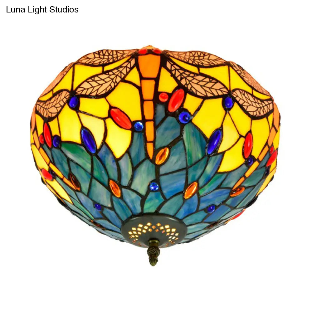 Tiffany Dragonfly Flush Mount - Handcrafted Stained Glass Ceiling Lamp With Brass Finish