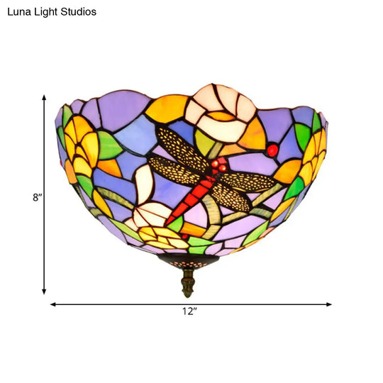 Tiffany Dragonfly Flush Mount - Handcrafted Stained Glass Ceiling Lamp With Brass Finish