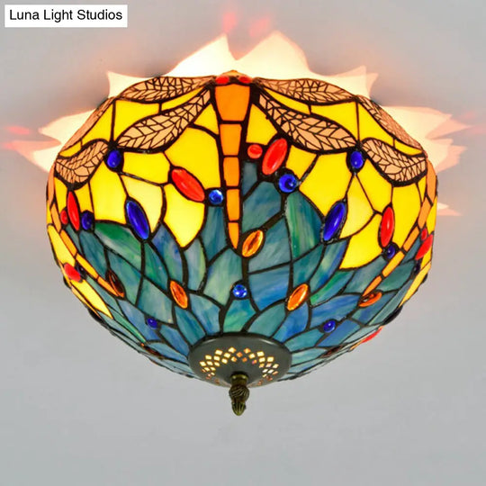 Tiffany Dragonfly Flush Mount - Handcrafted Stained Glass Ceiling Lamp With Brass Finish