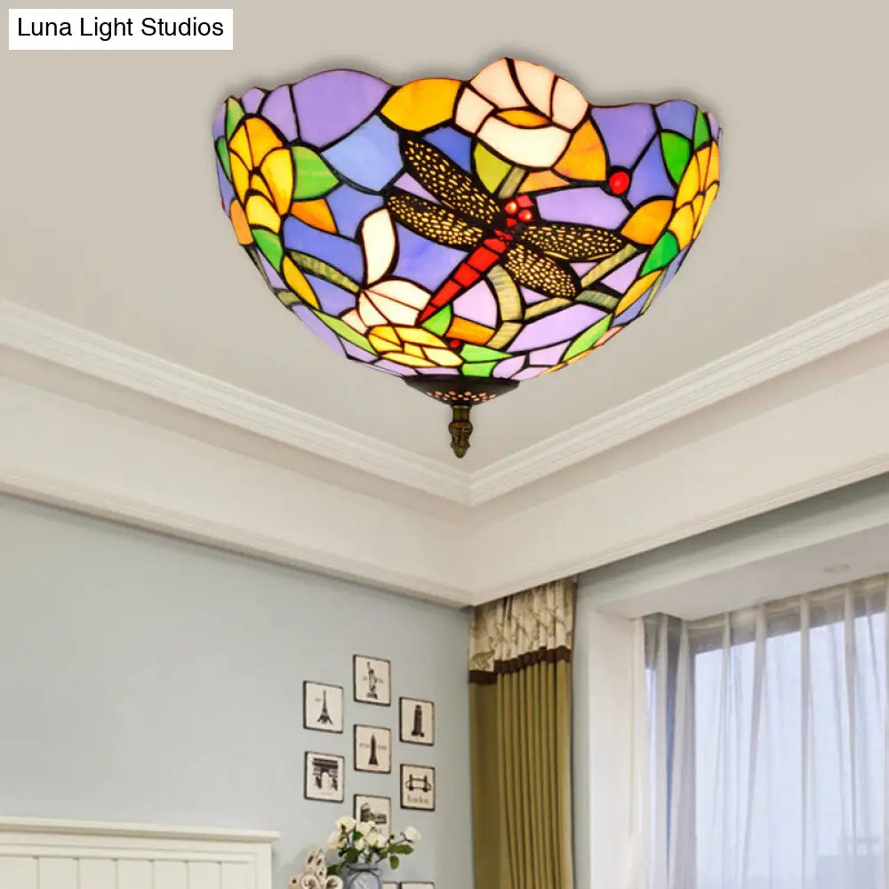 Tiffany Dragonfly Flush Mount - Handcrafted Stained Glass Ceiling Lamp With Brass Finish / A