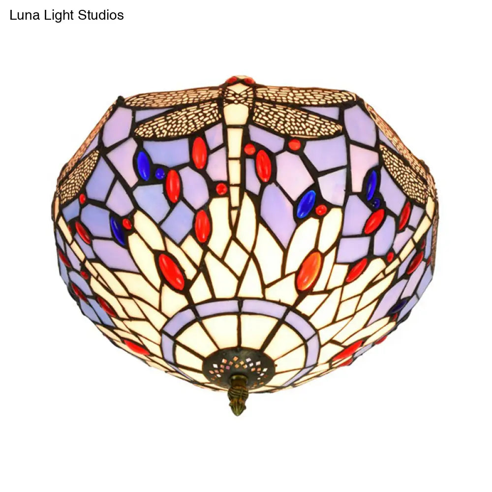 Tiffany Dragonfly Flush Mount - Handcrafted Stained Glass Ceiling Lamp With Brass Finish