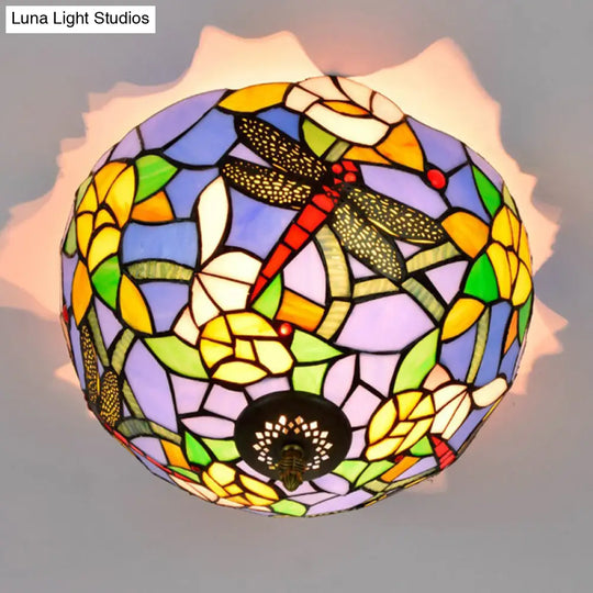 Tiffany Dragonfly Flush Mount - Handcrafted Stained Glass Ceiling Lamp With Brass Finish