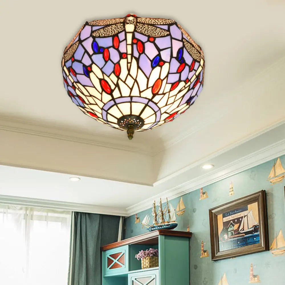 Tiffany Dragonfly Flush Mount - Handcrafted Stained Glass Ceiling Lamp With Brass Finish / C