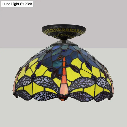 Tiffany Dragonfly Flush Mount Lamp - Stained Glass Close To Ceiling Lighting Fixture In Brass